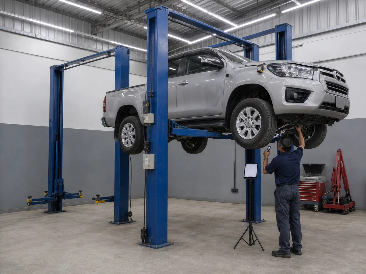 A pickup on a two-post lift, the in-house mechanic underneath with a torch and a tablet checklist, a paint-depth gauge on the fender.