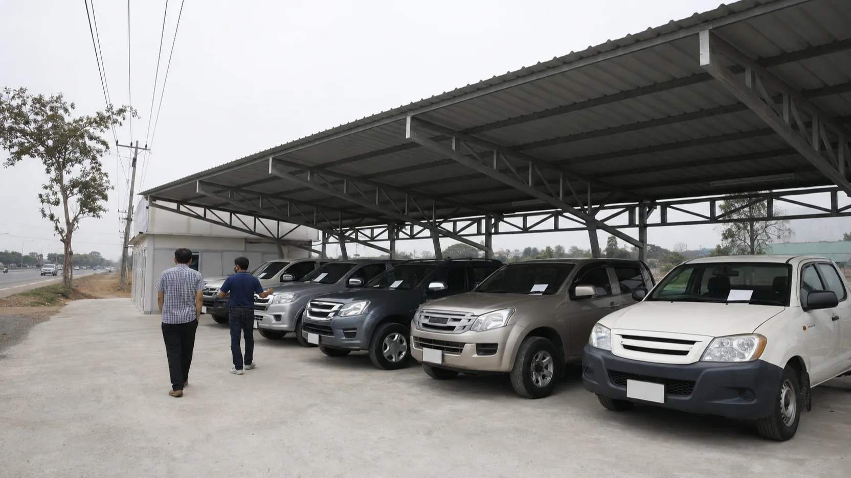 A row of used pickups under a galvanised steel canopy on the Highway 1 frontage in Nakhon Sawan, a customer and the dealer walking the row, overcast flat light.