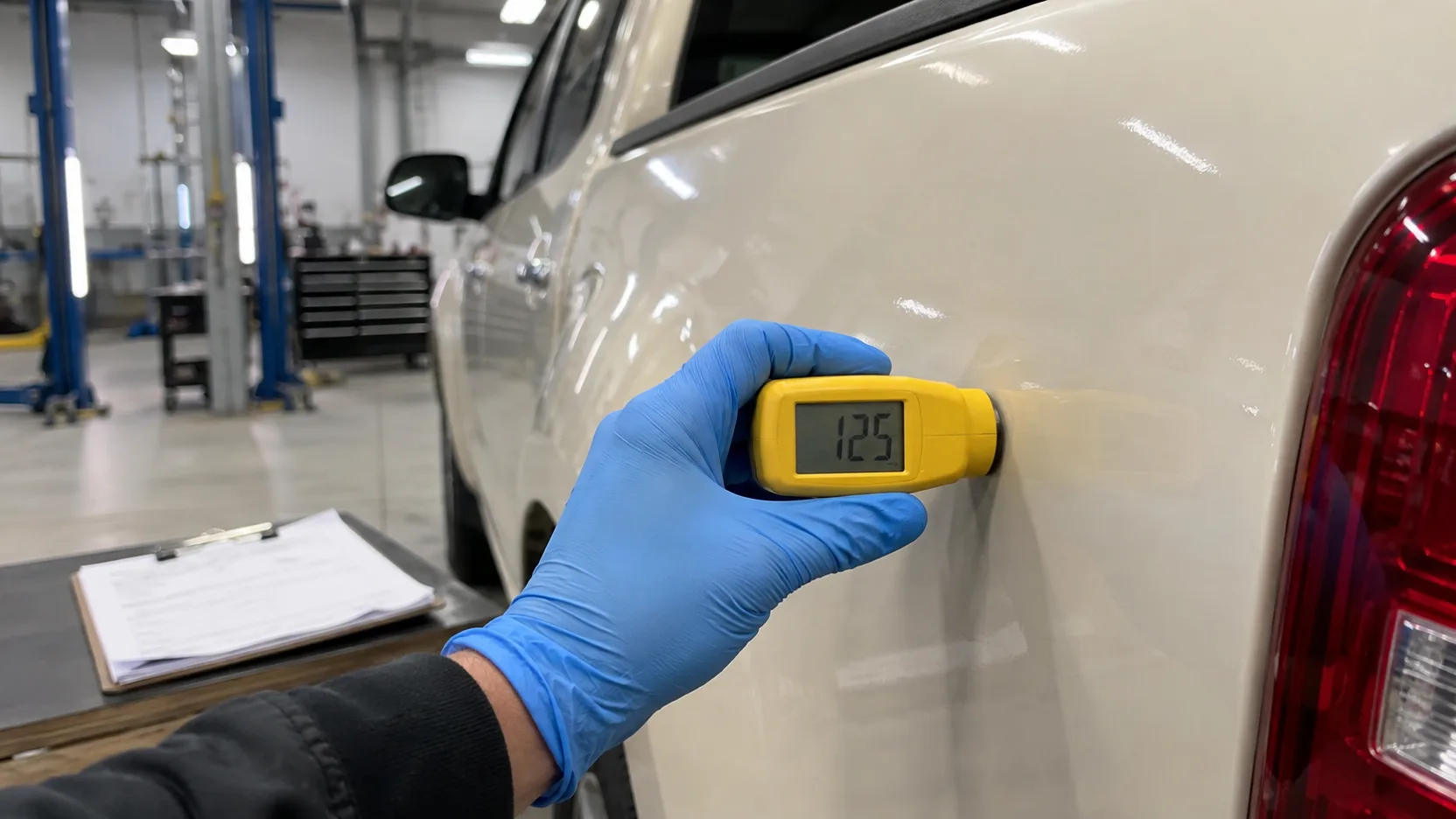 A hand holding a coating-thickness gauge against a pickup's rear quarter panel, the display reading a number.